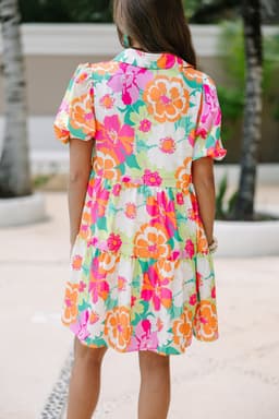 image-Pink Floral Puff Sleeve Collar Buttoned Babydoll Dress
