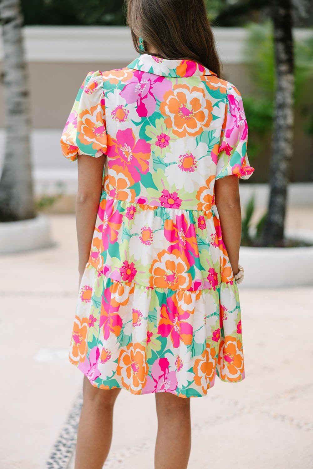 image-Pink Floral Puff Sleeve Collar Buttoned Babydoll Dress