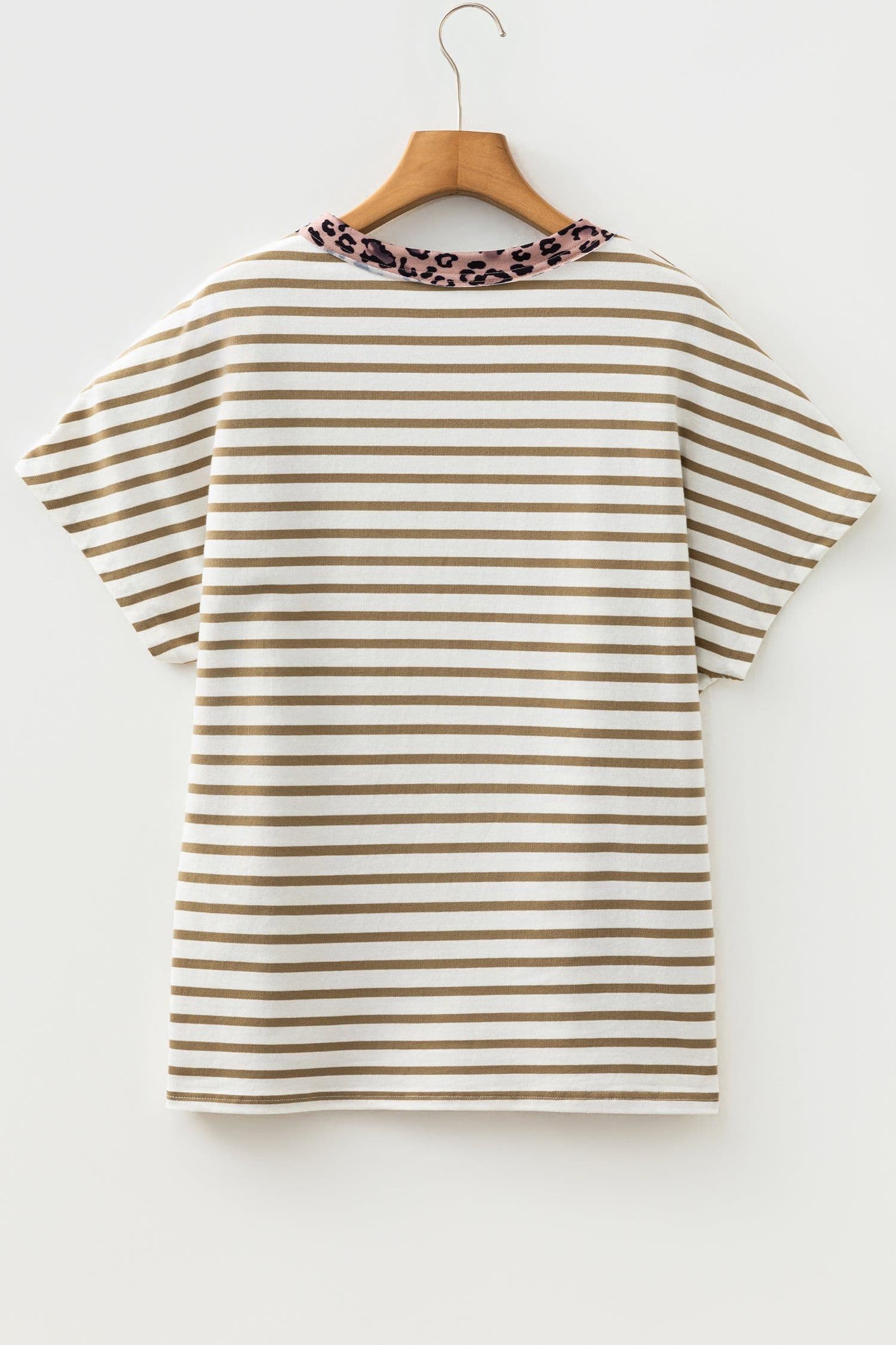 image-Khaki Stripe Leopard Patchwork T-Shirt