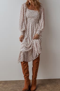image-Floral Print Shirred Ruffled Hem Midi Dress - White