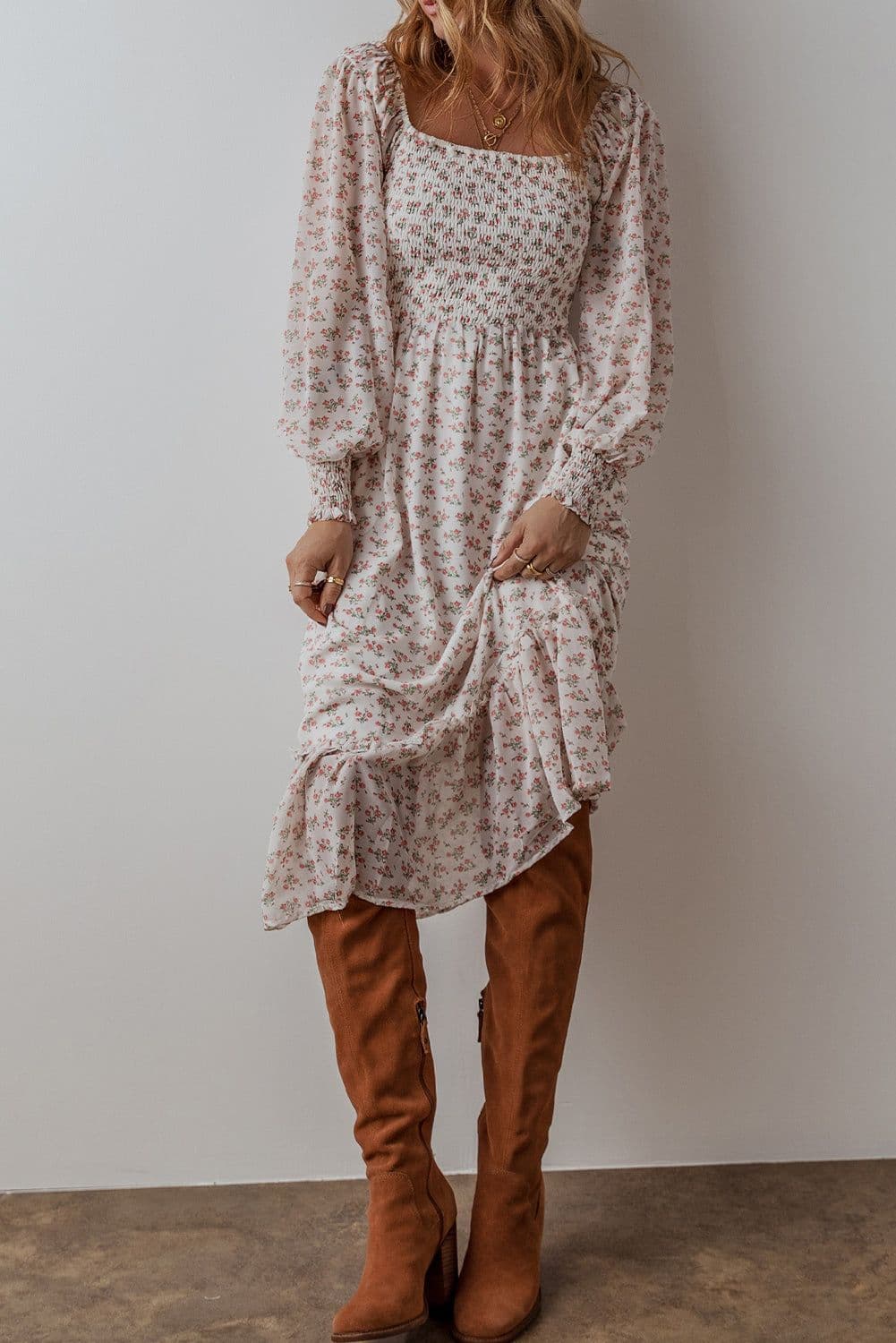 image-Floral Print Shirred Ruffled Hem Midi Dress - White