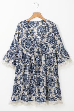 image-Vintage Printed Lace Trim V Neck 3/4 Sleeve Dress - Sky Blue