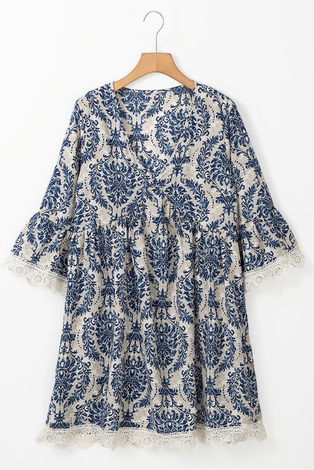 image-Vintage Printed Lace Trim V Neck 3/4 Sleeve Dress - Sky Blue