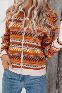 image-Boho Striped Zip Up Long Sleeve Jacket - Orange