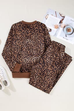 image-Coffee Leopard Print Contrast Trim Long Sleeve Top and Pants Set