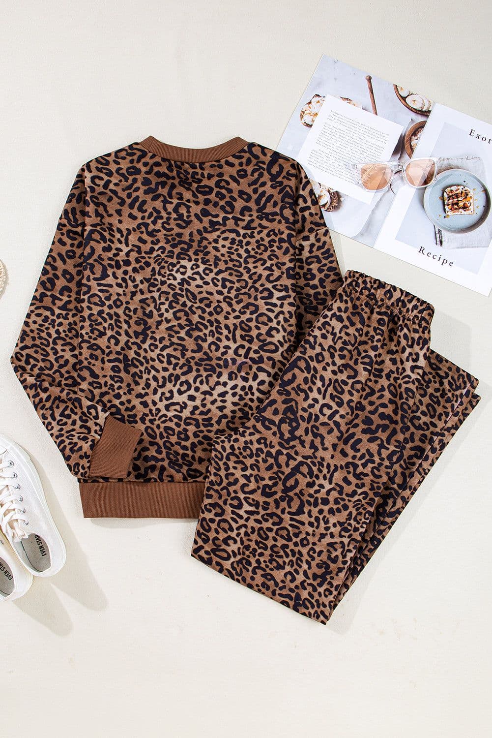 image-Coffee Leopard Print Contrast Trim Long Sleeve Top and Pants Set