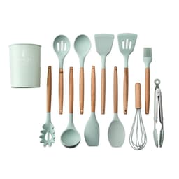 image-Storage bucket fresh green wooden handle silicone kitchen utensils set of 11 non-stick spatula kitchen set eleven sets