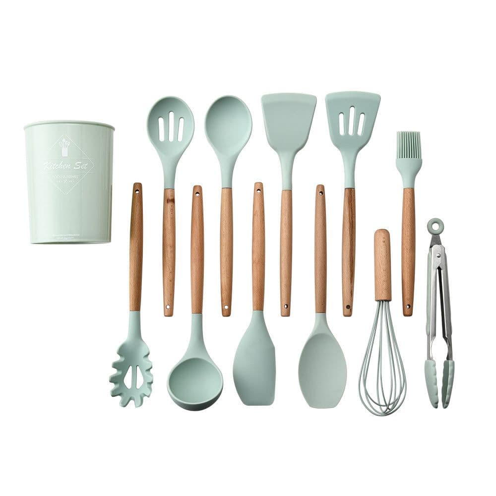 image-Storage bucket fresh green wooden handle silicone kitchen utensils set of 11 non-stick spatula kitchen set eleven sets