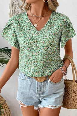 image-Green Boho Floral V Neck Wrap Short Sleeve Blouse