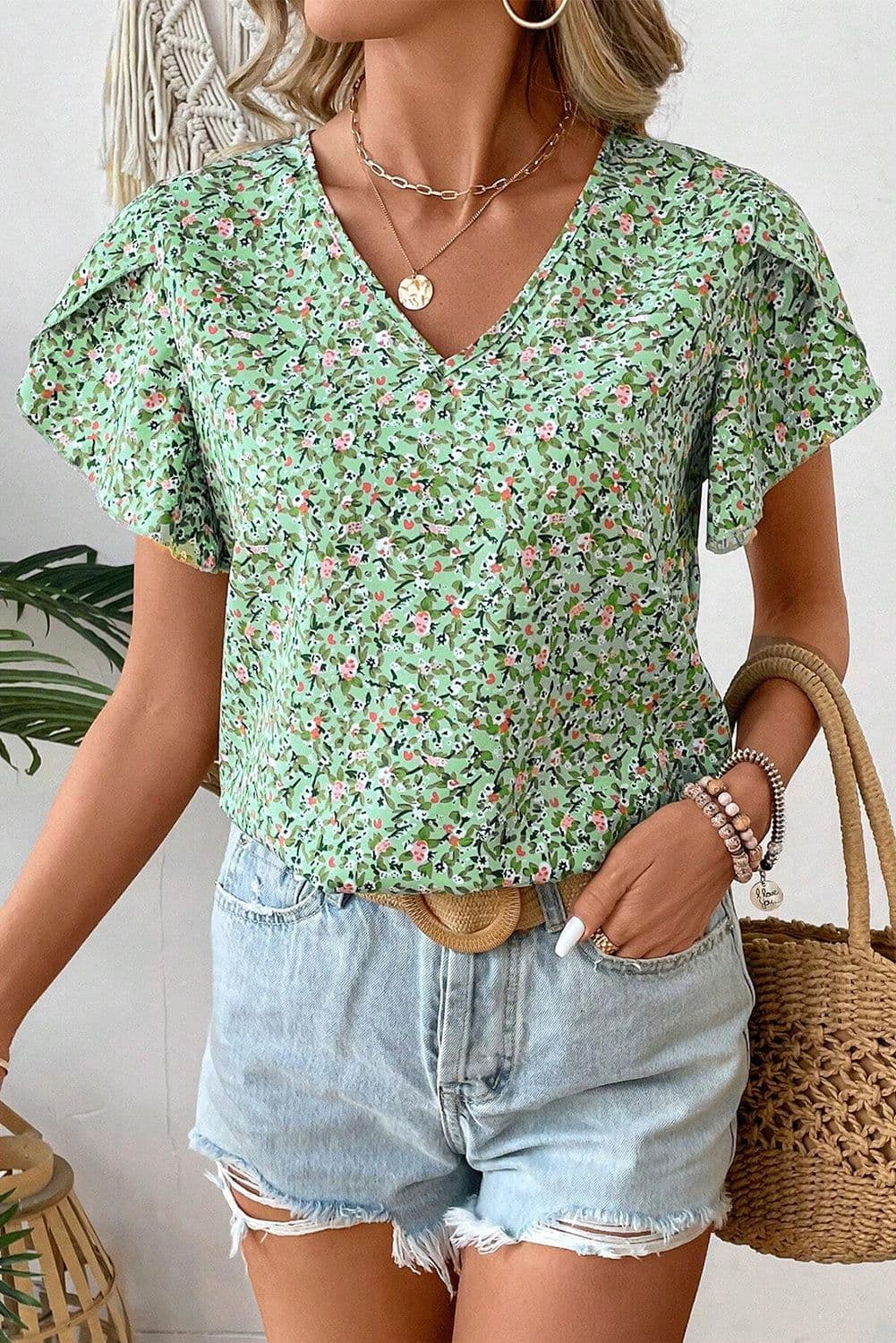 image-Green Boho Floral V Neck Wrap Short Sleeve Blouse