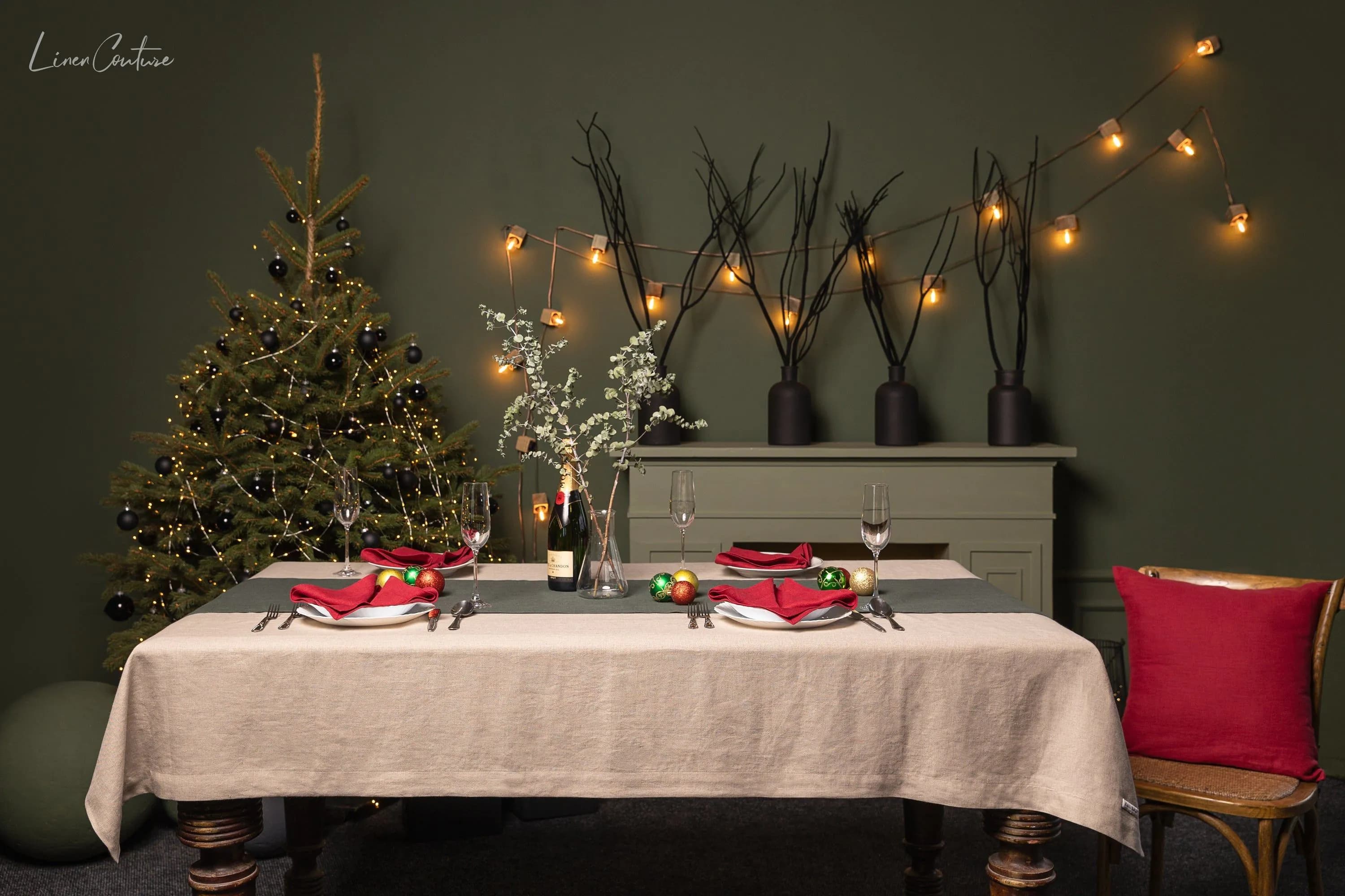 image-Handmade Natural Linen Christmas Tablecloth for Dining Tables