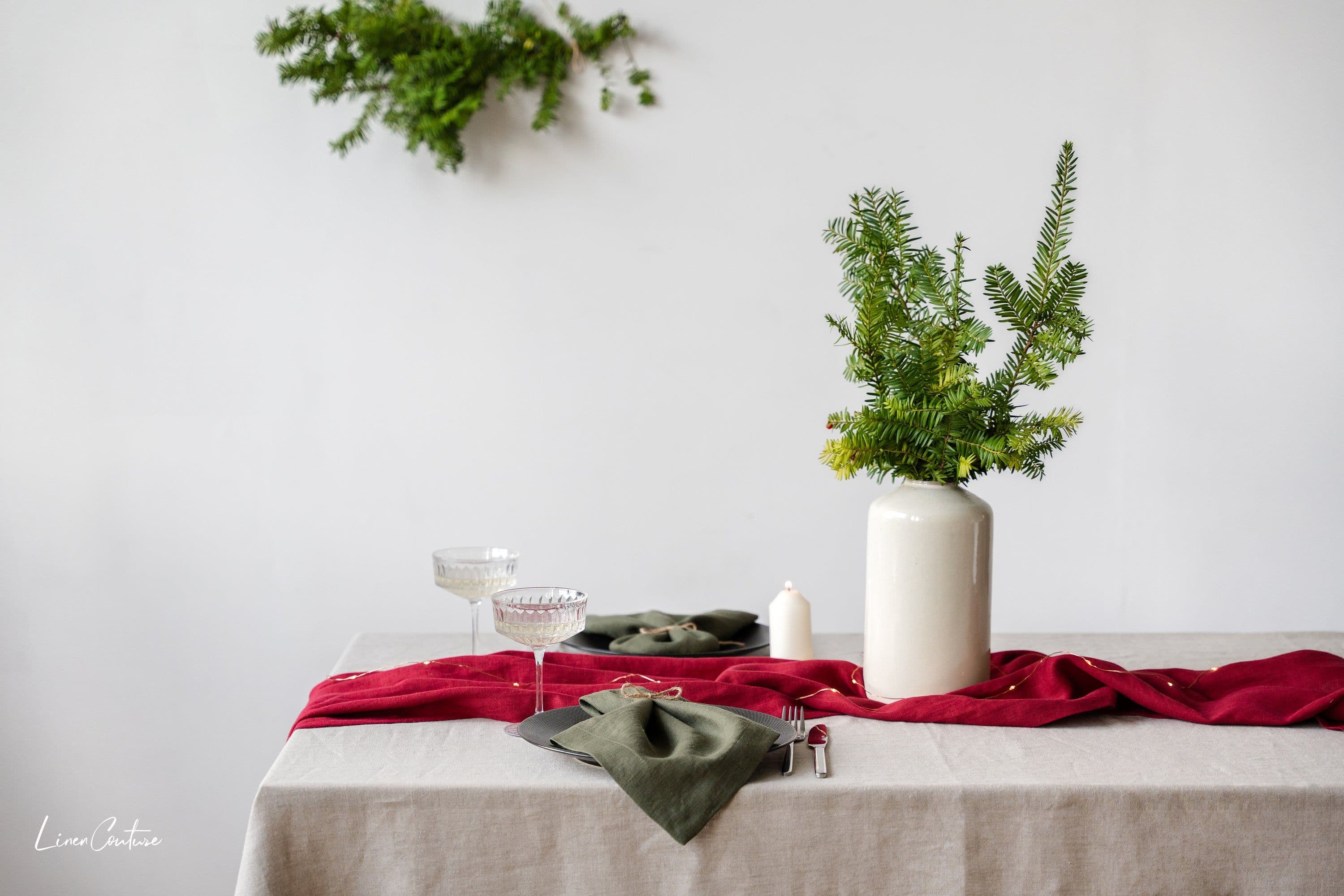 image-Handmade Natural Linen Christmas Tablecloth for Dining Tables
