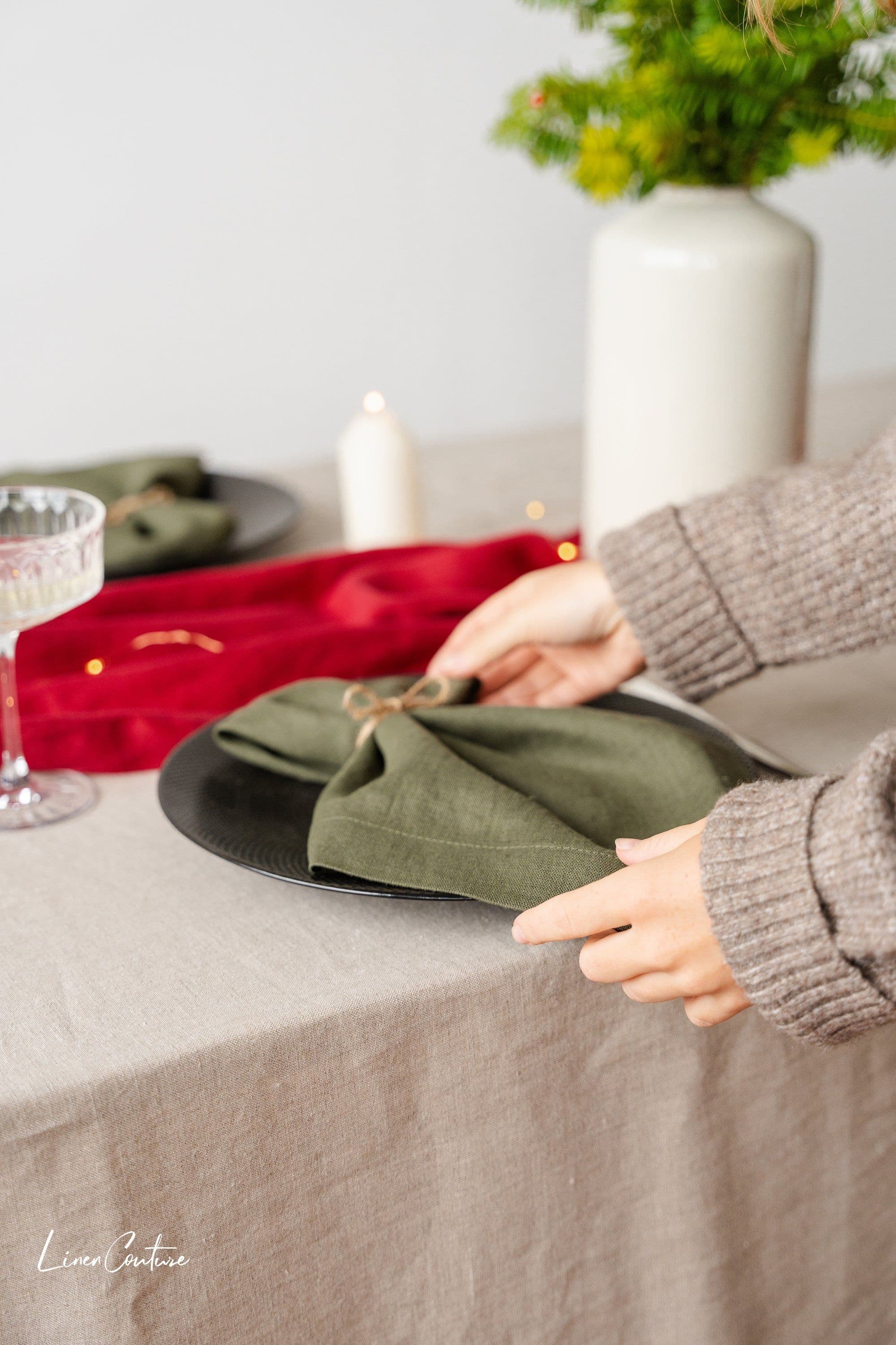 image-Handmade Natural Linen Christmas Tablecloth for Dining Tables