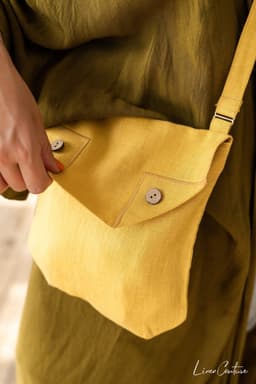 image-Honey Linen Shoulder Bag with Coconut Buttons and Adjustable Strap
