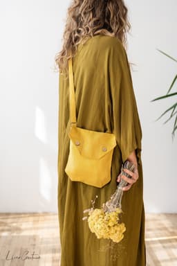 image-Honey Linen Shoulder Bag with Coconut Buttons and Adjustable Strap