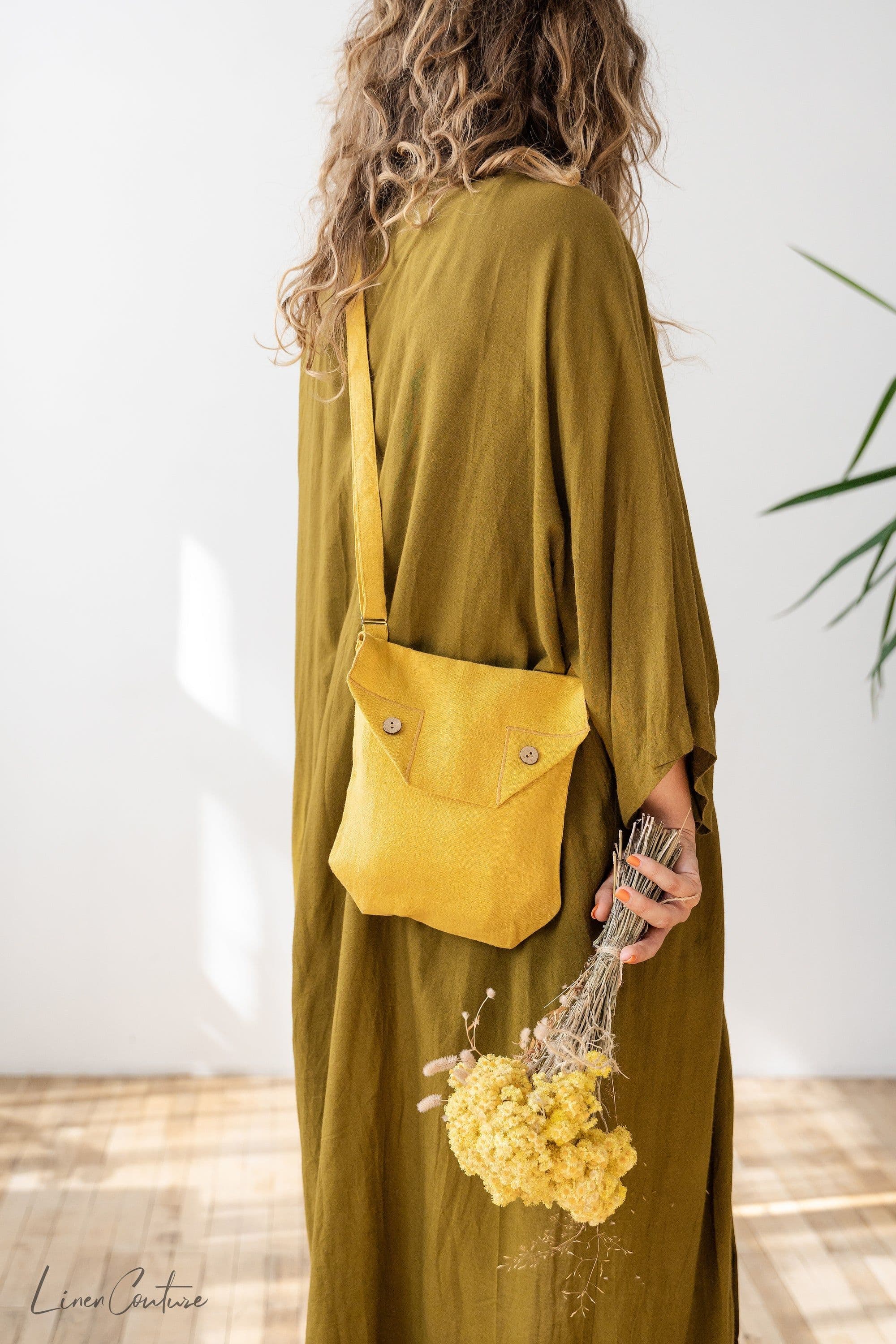 image-Honey Linen Shoulder Bag with Coconut Buttons and Adjustable Strap