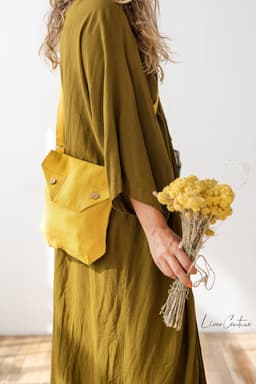 image-Honey Linen Shoulder Bag with Coconut Buttons and Adjustable Strap