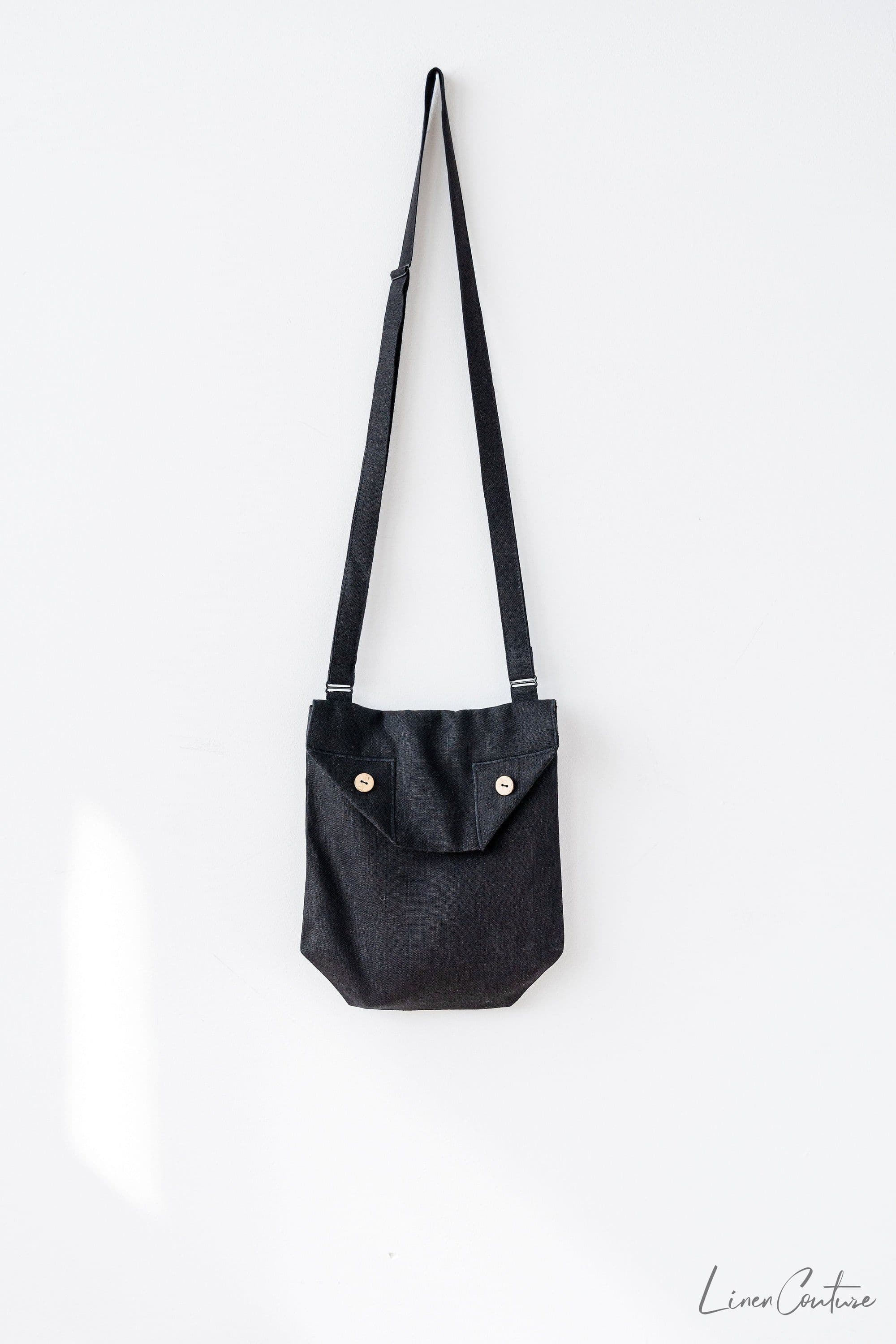 image-Honey Linen Shoulder Bag with Coconut Buttons and Adjustable Strap