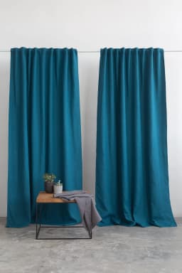image-Dark Sea Blue linen curtain with blackout, tape