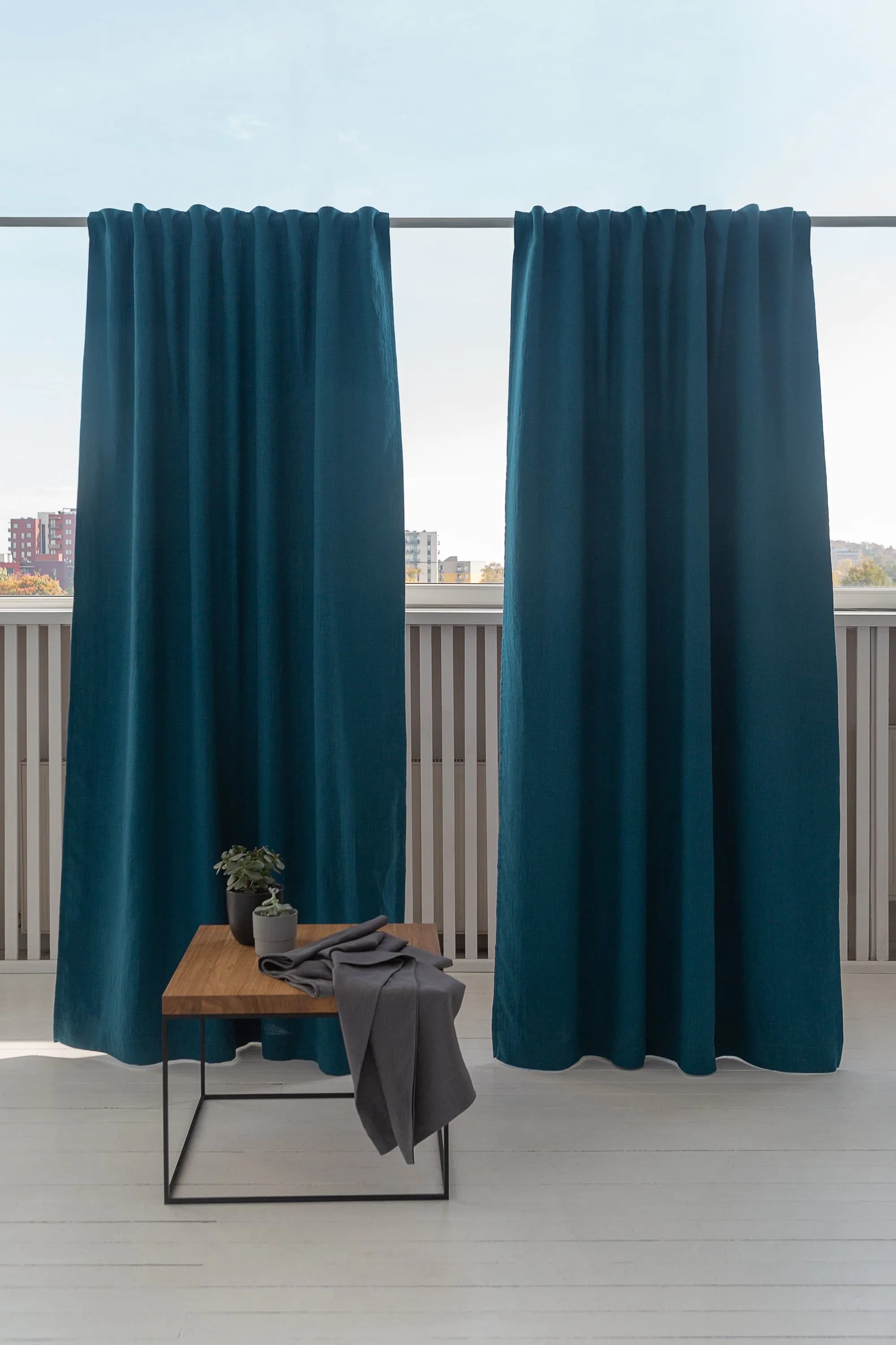 image-Dark Sea Blue linen curtain with blackout, tape