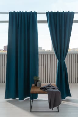 image-Dark Sea Blue linen curtain with blackout, tape