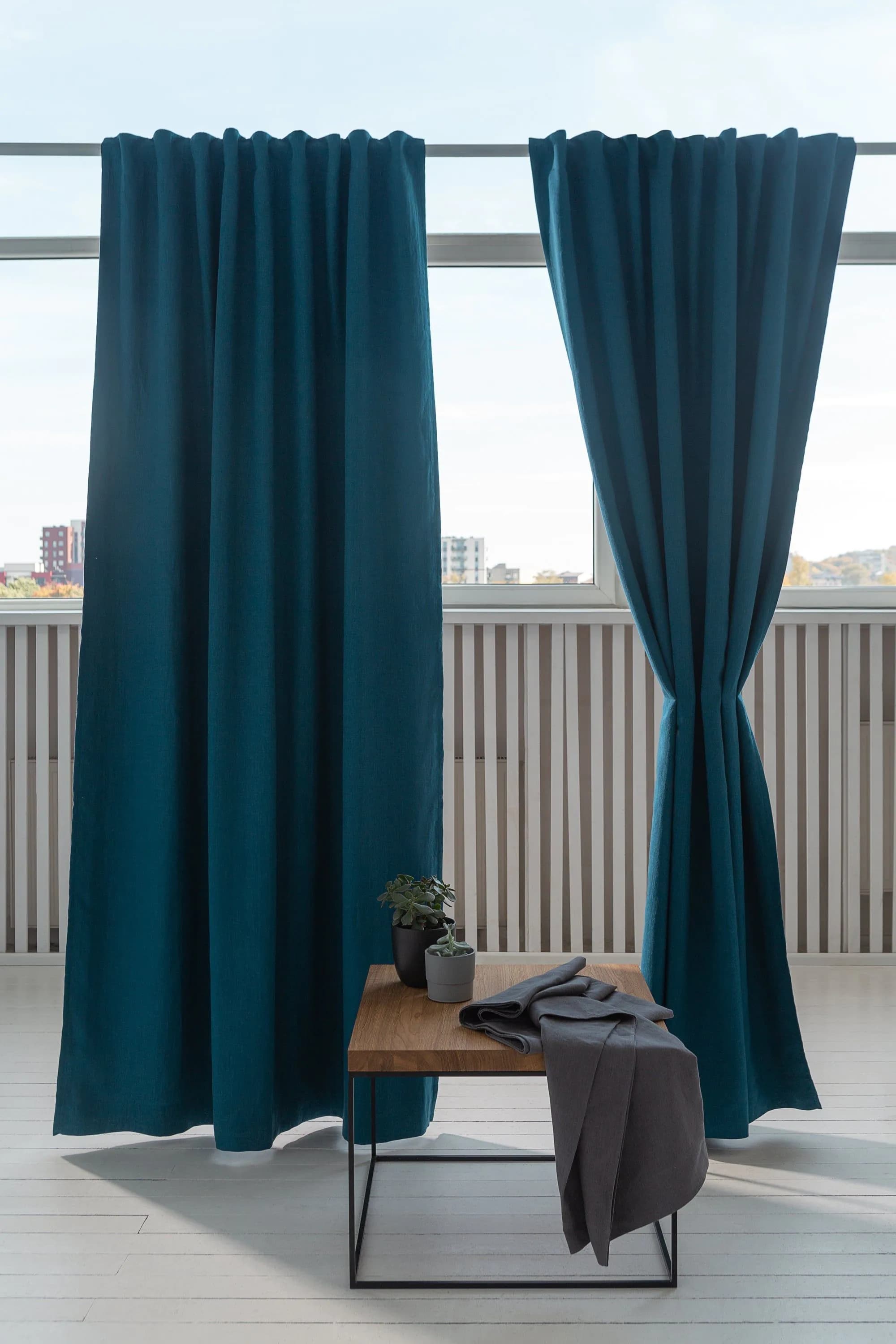 image-Dark Sea Blue linen curtain with blackout, tape