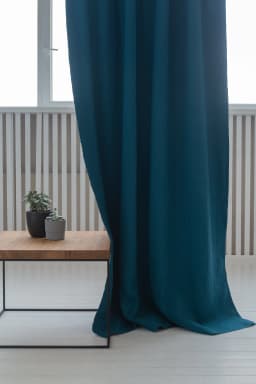 image-Dark Sea Blue linen curtain with blackout, tape