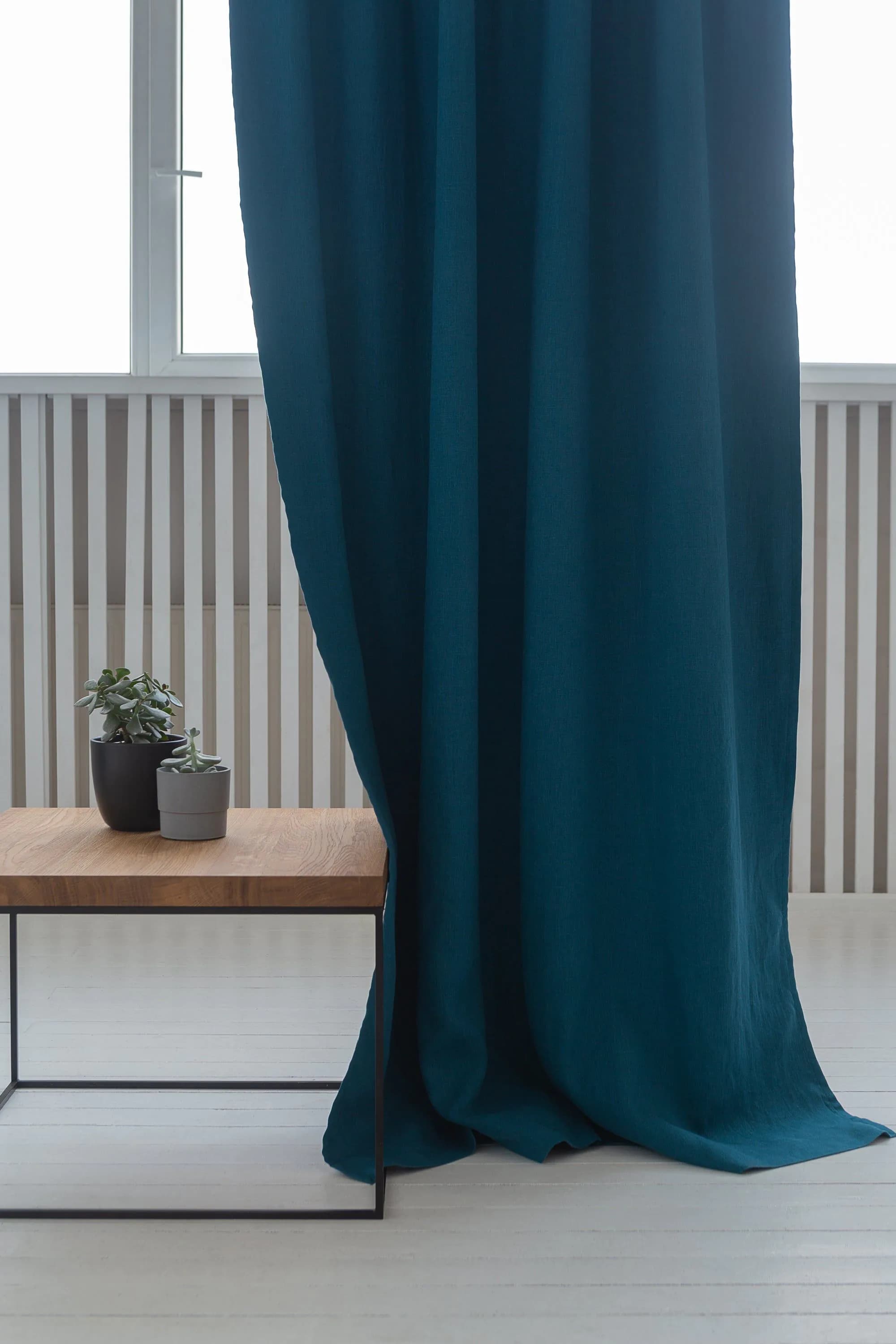 image-Dark Sea Blue linen curtain with blackout, tape
