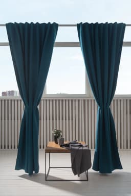 image-Dark Sea Blue linen curtain with blackout, tape
