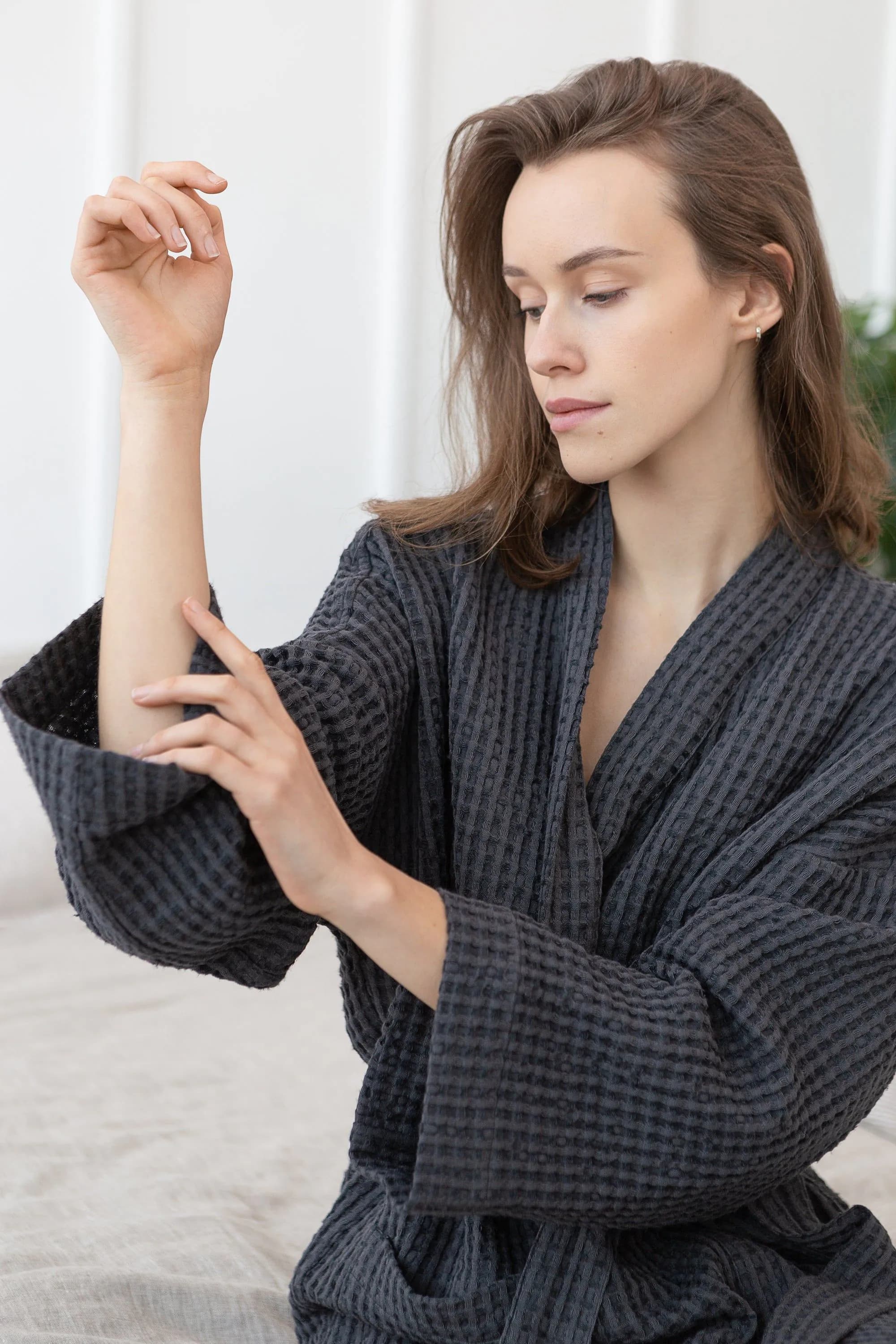image-Grey linen waffle robe