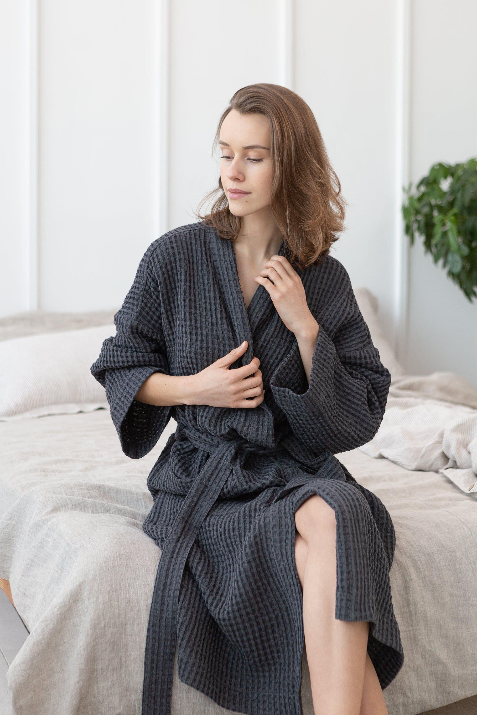 image-Grey linen waffle robe