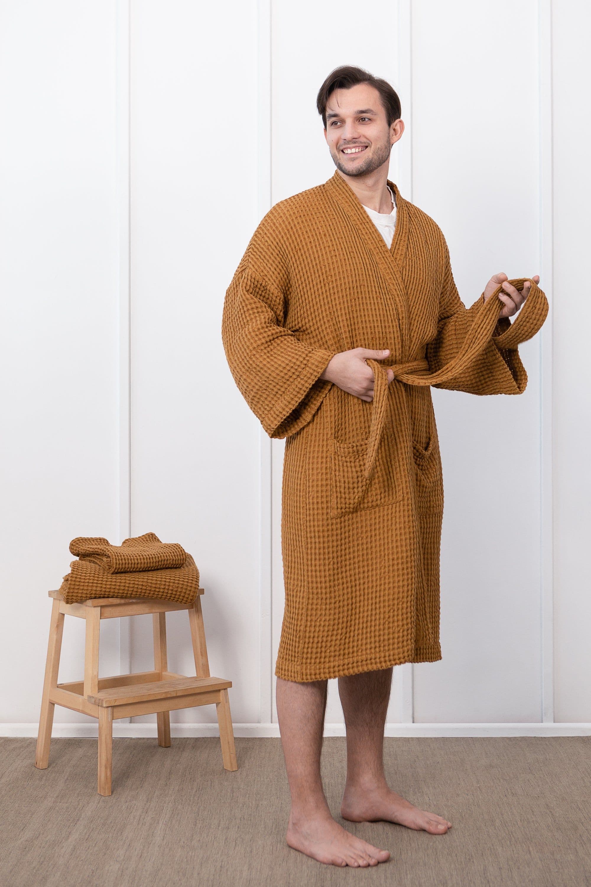 image-Grey linen waffle robe