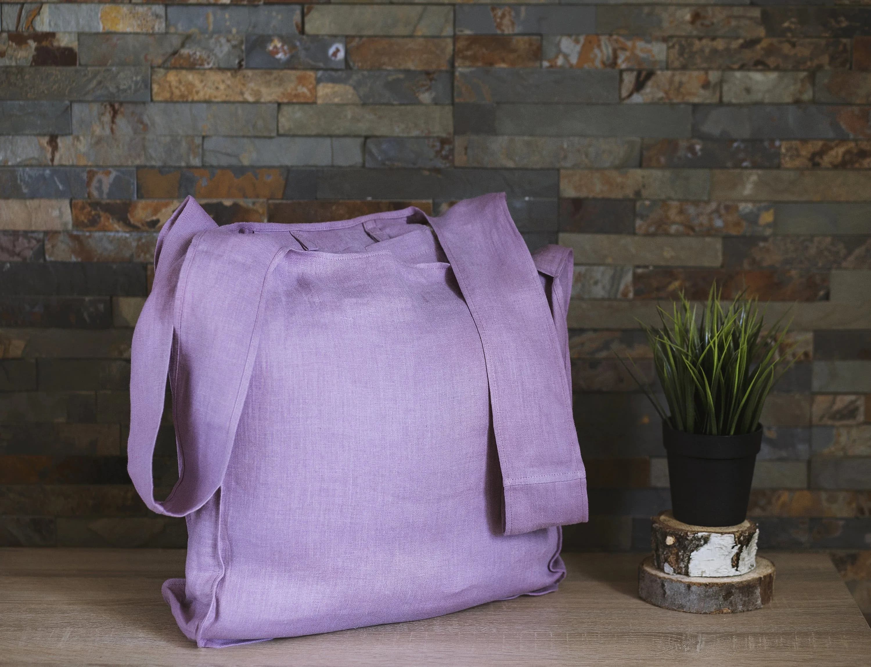 image-Deep Rose linen tote bag with inside pocket