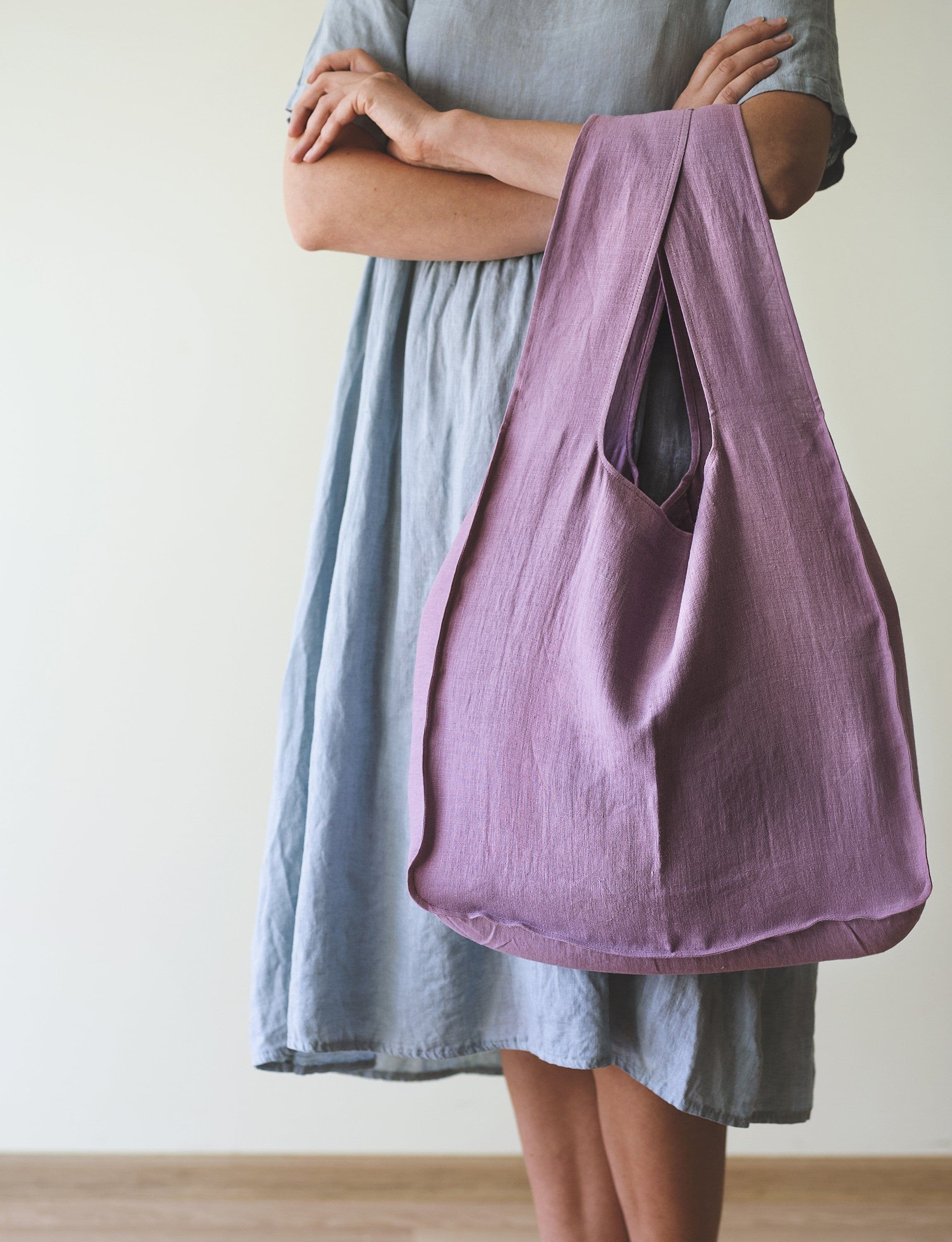 image-Deep Rose linen tote bag with inside pocket