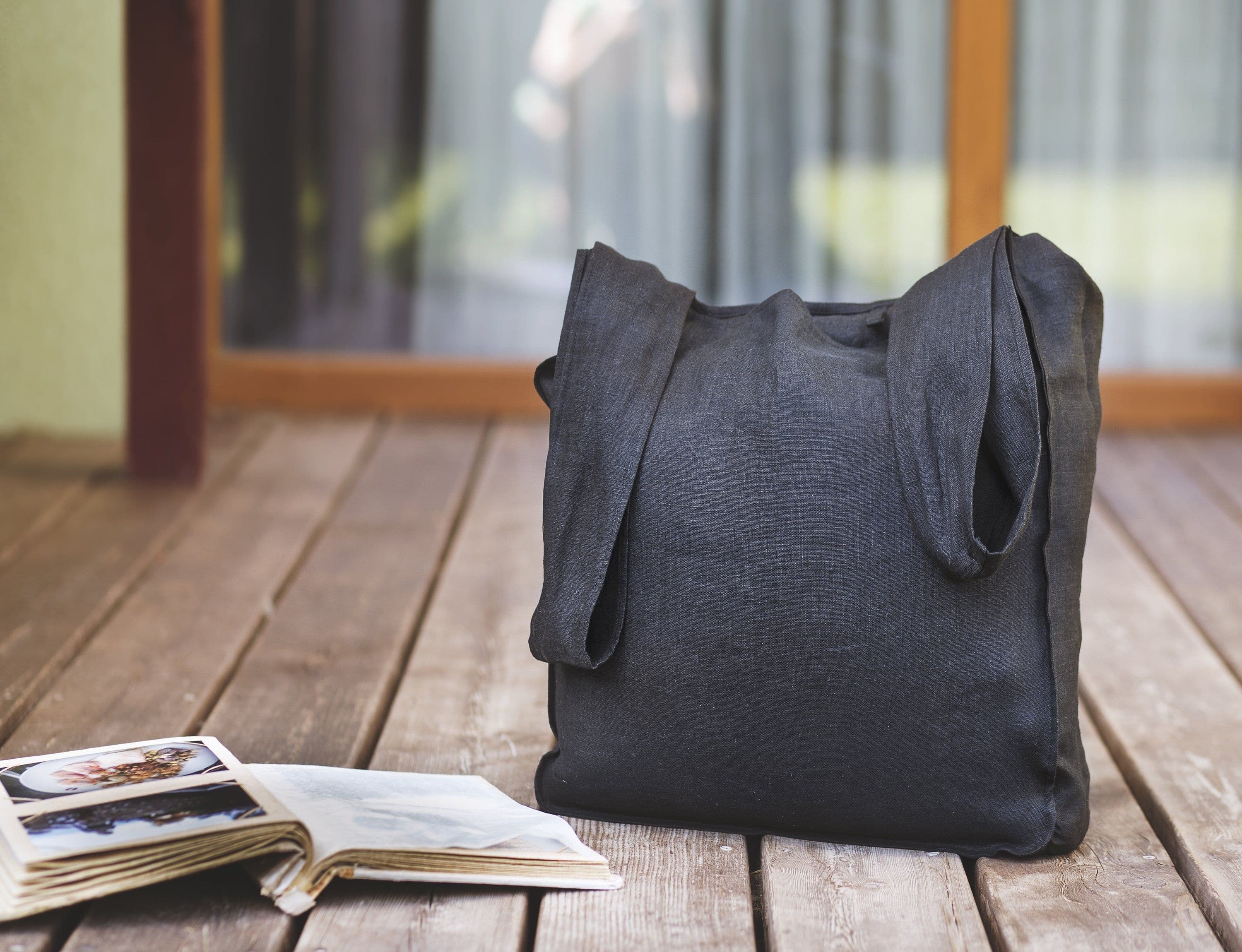 image-Deep Rose linen tote bag with inside pocket