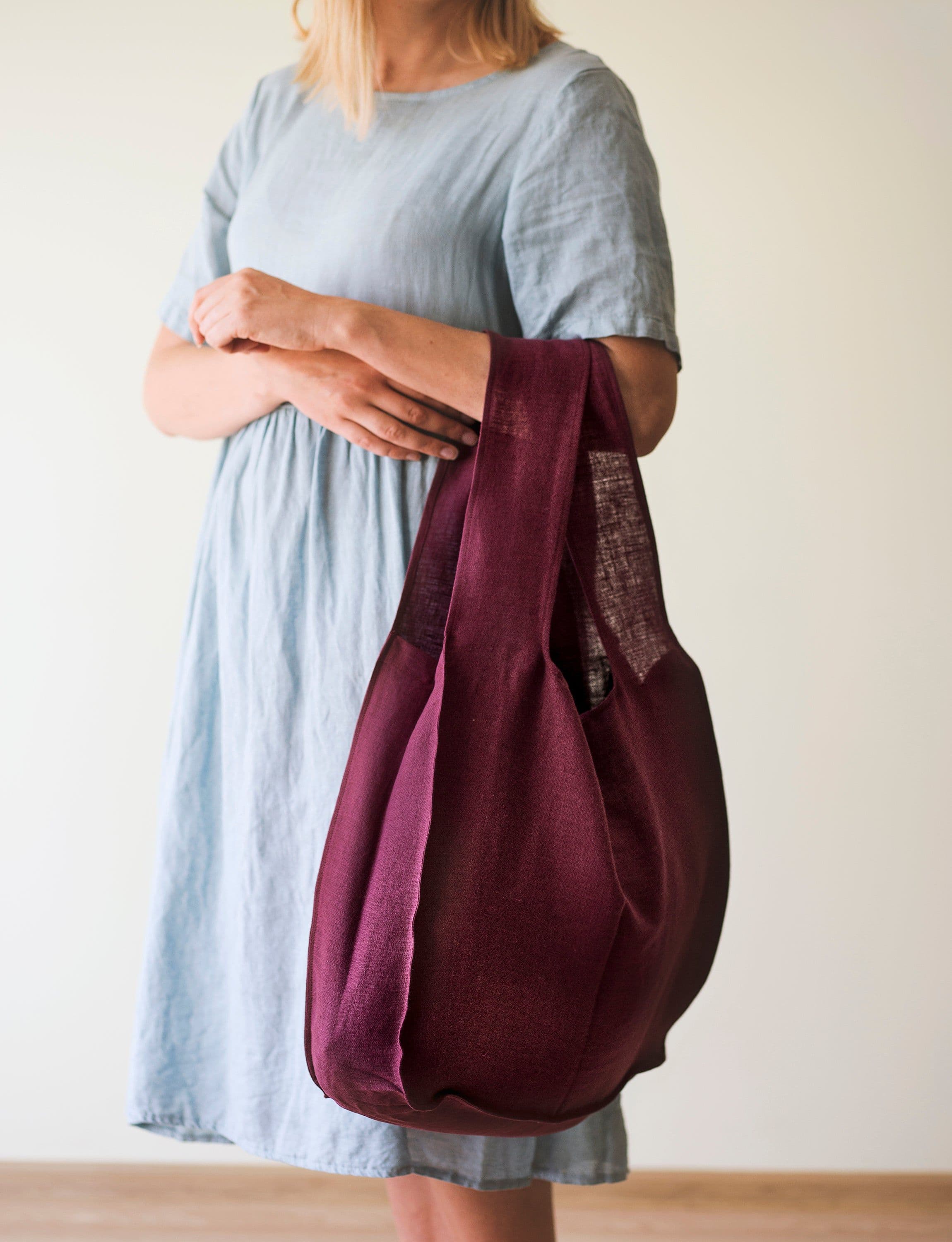 image-Deep Rose linen tote bag with inside pocket