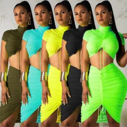 image-Fashion leisure sports stretch slim sexy nightclub pleated drawstring half high neck short blouse mid skirt two-piece suit
