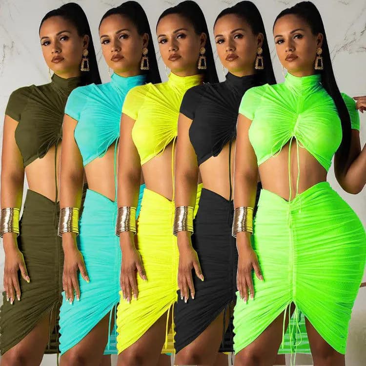 image-Fashion leisure sports stretch slim sexy nightclub pleated drawstring half high neck short blouse mid skirt two-piece suit