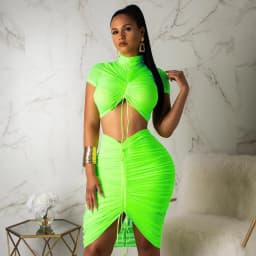 image-Fashion leisure sports stretch slim sexy nightclub pleated drawstring half high neck short blouse mid skirt two-piece suit