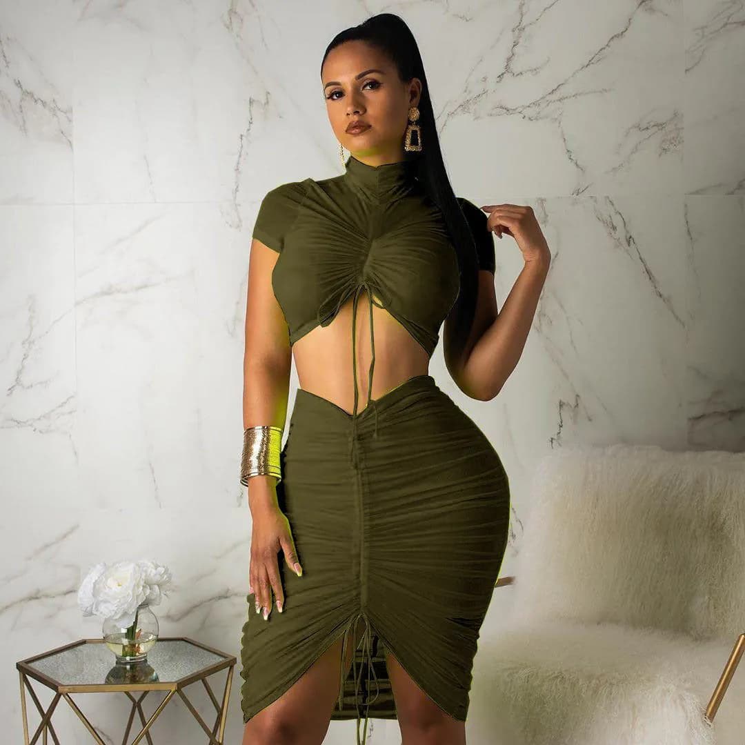 image-Fashion leisure sports stretch slim sexy nightclub pleated drawstring half high neck short blouse mid skirt two-piece suit