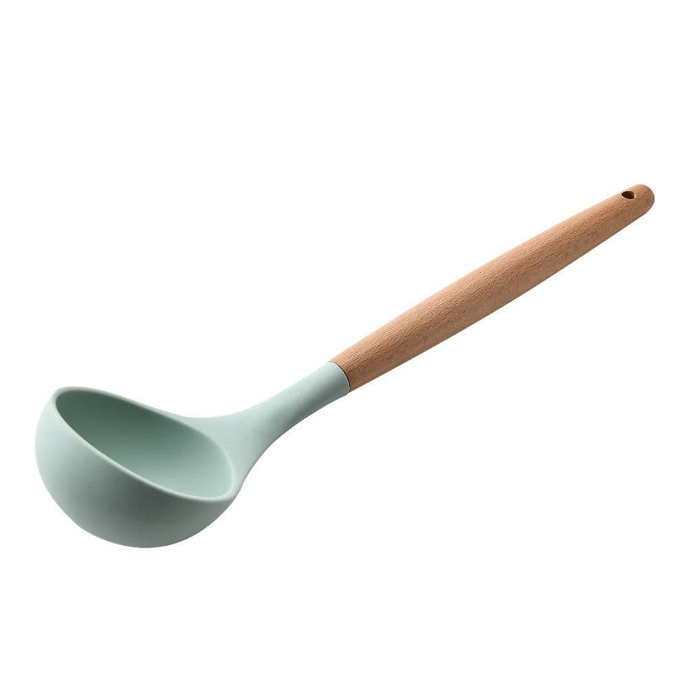 image-Storage bucket fresh green wooden handle silicone kitchen utensils set of 11 non-stick spatula kitchen set eleven sets