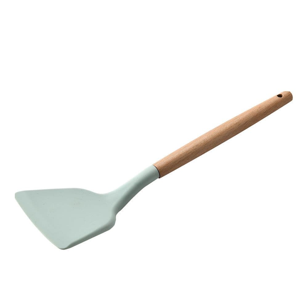 image-Storage bucket fresh green wooden handle silicone kitchen utensils set of 11 non-stick spatula kitchen set eleven sets