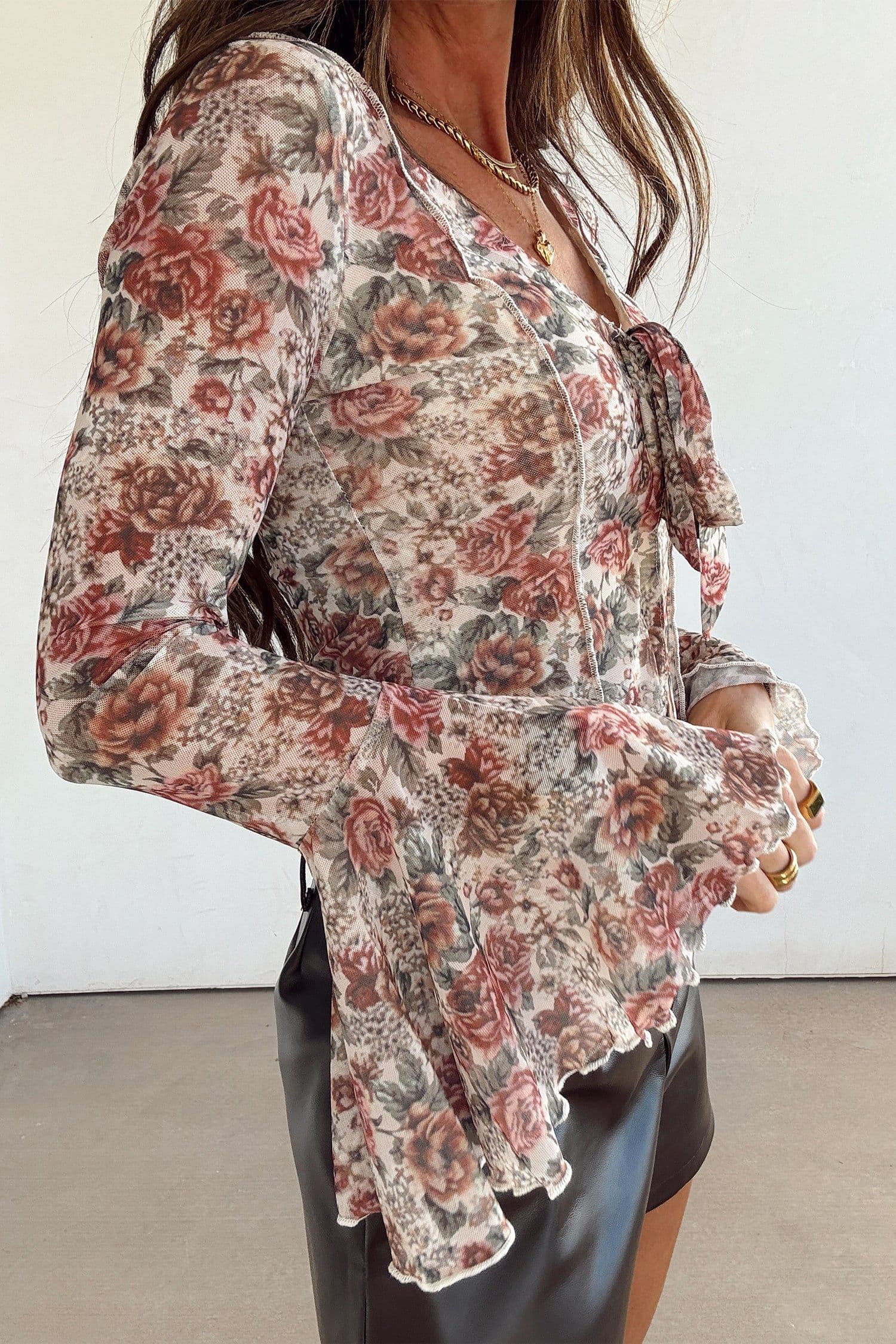 image-Red Floral Print Stitched Detail Tie V Neck Long Bell Sleeve Blouse