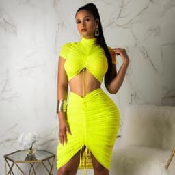image-Fashion leisure sports stretch slim sexy nightclub pleated drawstring half high neck short blouse mid skirt two-piece suit
