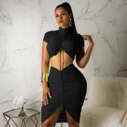 image-Fashion leisure sports stretch slim sexy nightclub pleated drawstring half high neck short blouse mid skirt two-piece suit