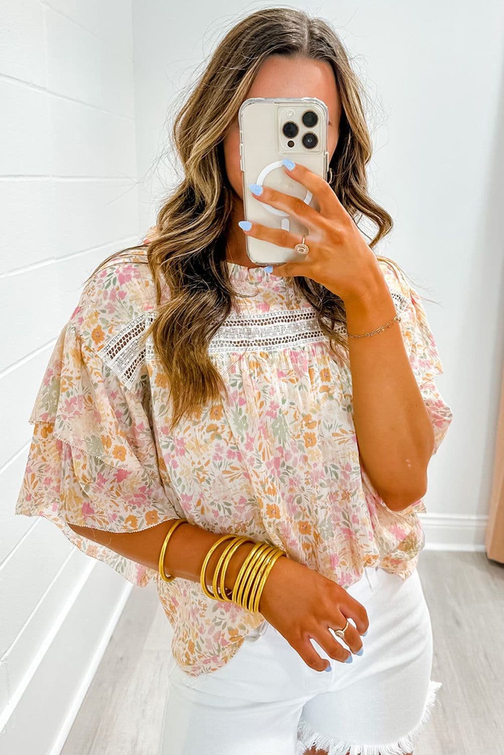 image-Floral Print Wide Ruffle Sleeves Blouse - Multicolor, Size S-XL