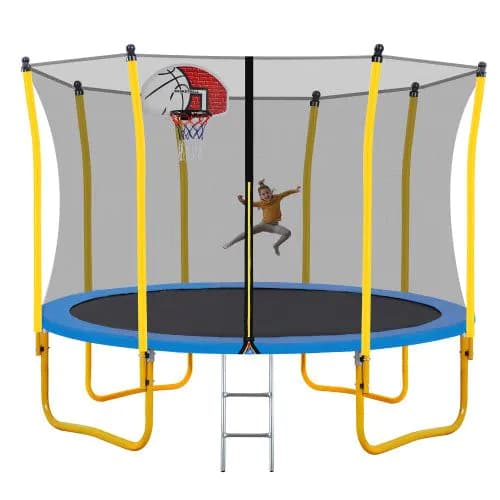 image-12FT Trampoline for Kids with Safety Enclosure Net Basketball Hoop