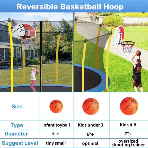 image-12FT Trampoline for Kids with Safety Enclosure Net Basketball Hoop