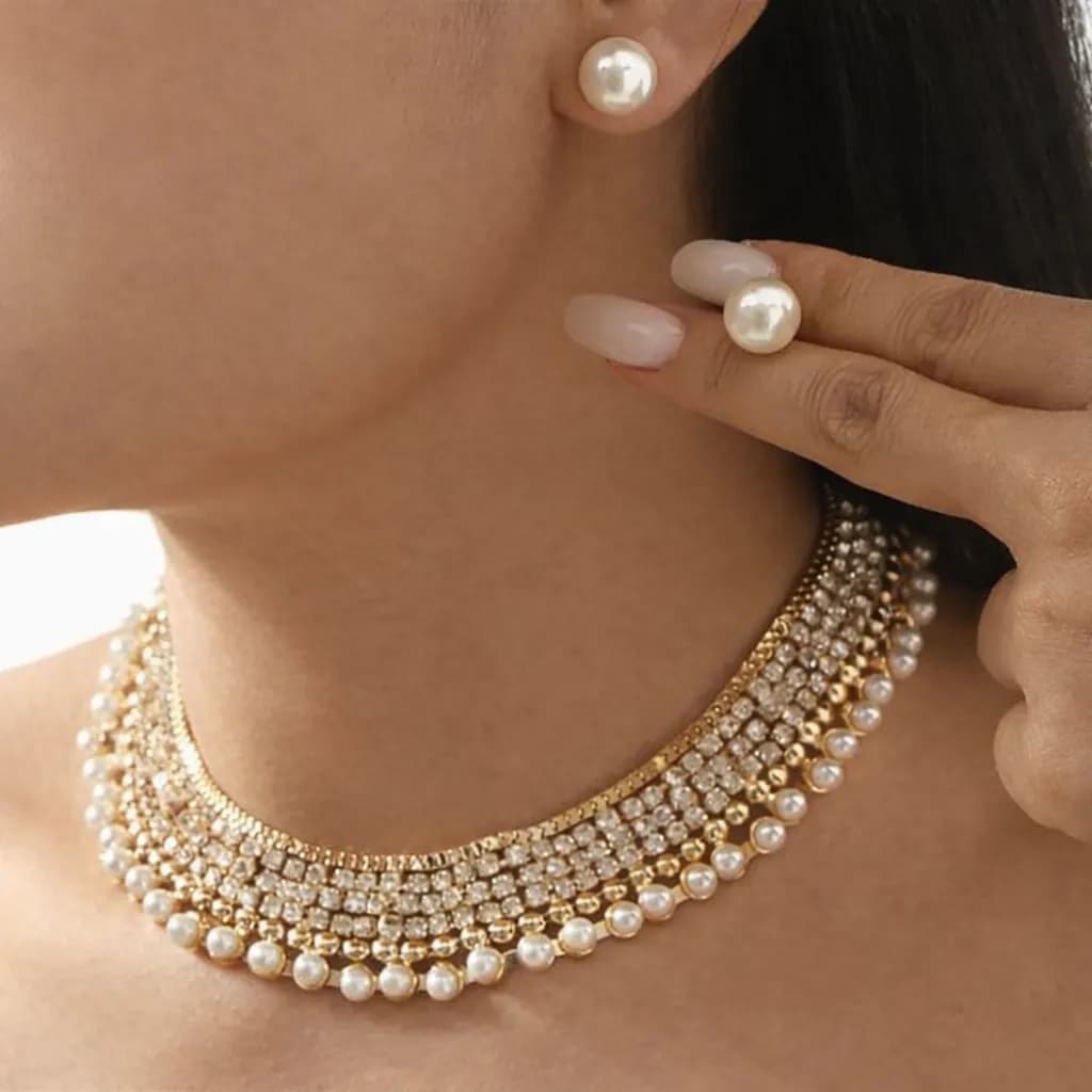 image-Elegant Pearl & Crystal Gold Choker Jewelry Set