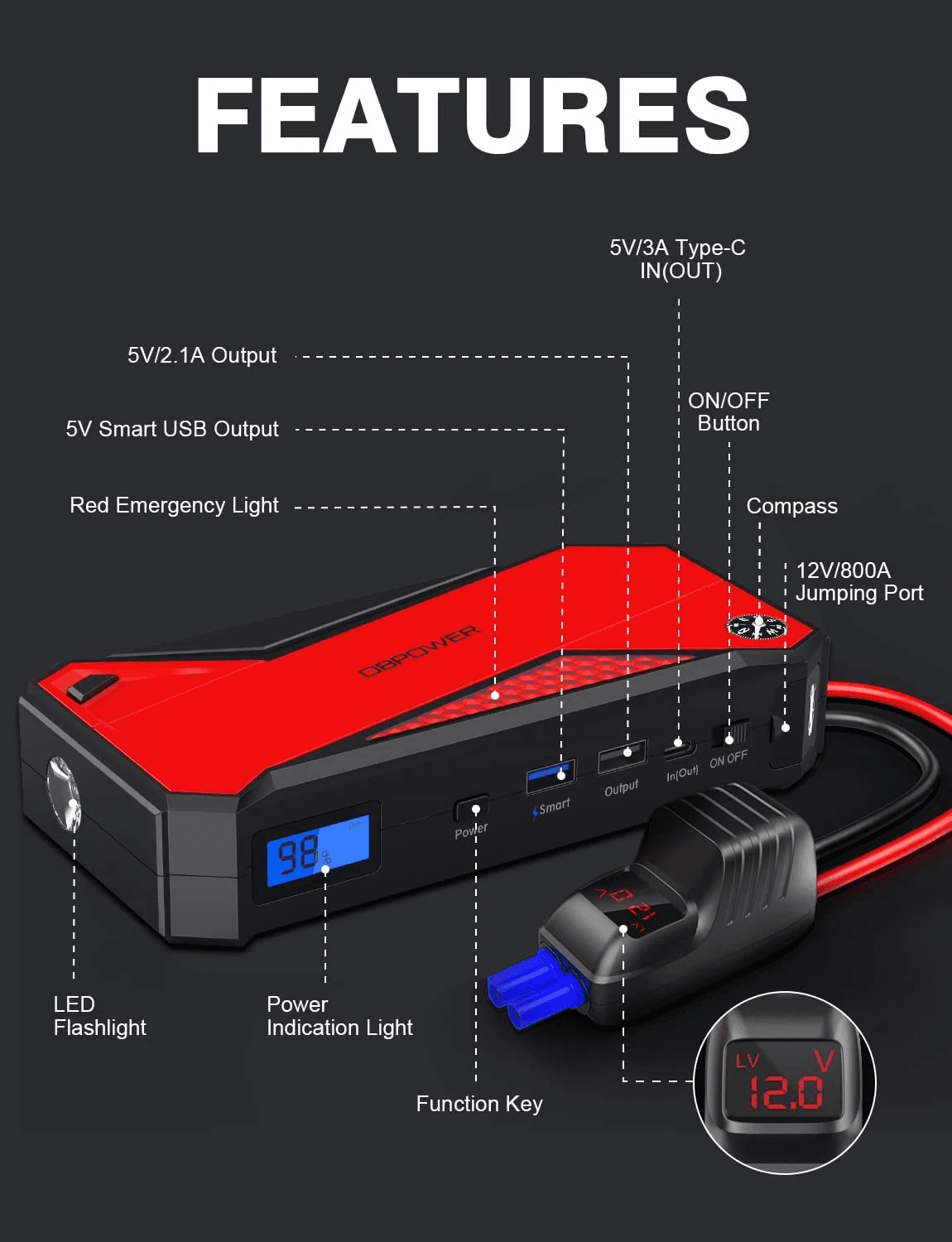 image-Car Jump Starter 1600A Peak 18000mAh Portable Power Pack